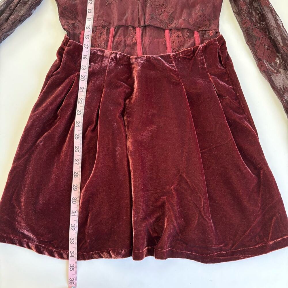 Free People Marlie Garnet Red Lace Long Sleeve Velvet Mini Dress Size Small - Picture 8 of 11